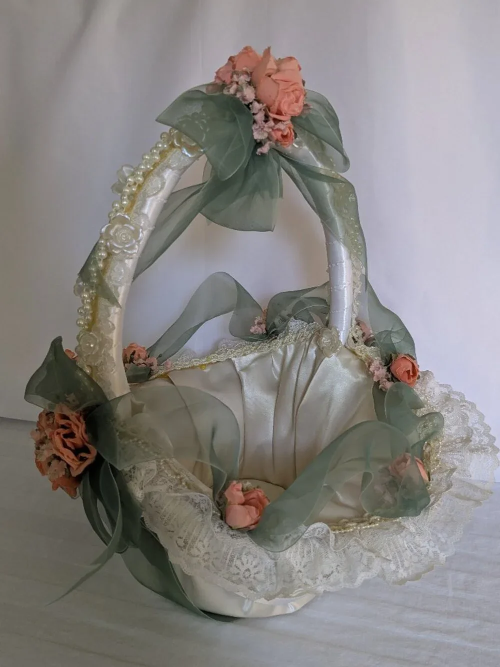 Handmade Lace Pearls Roses & Satin Wedding Baby Cheer Gift Basket